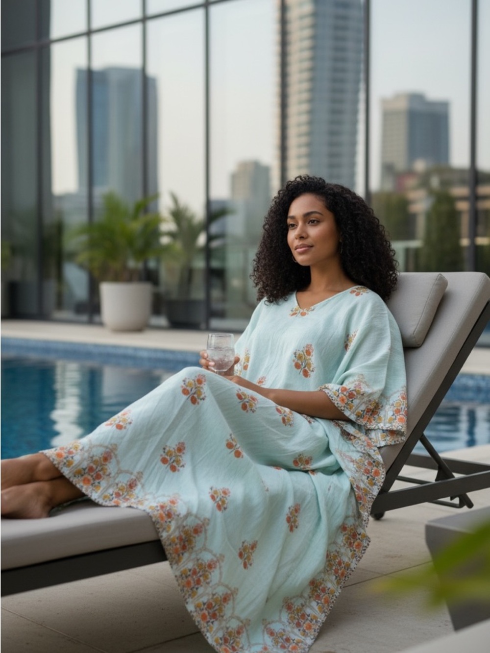 NWOT Sundance Light Seafoam Blue Caftan with Floral Print - Size Small